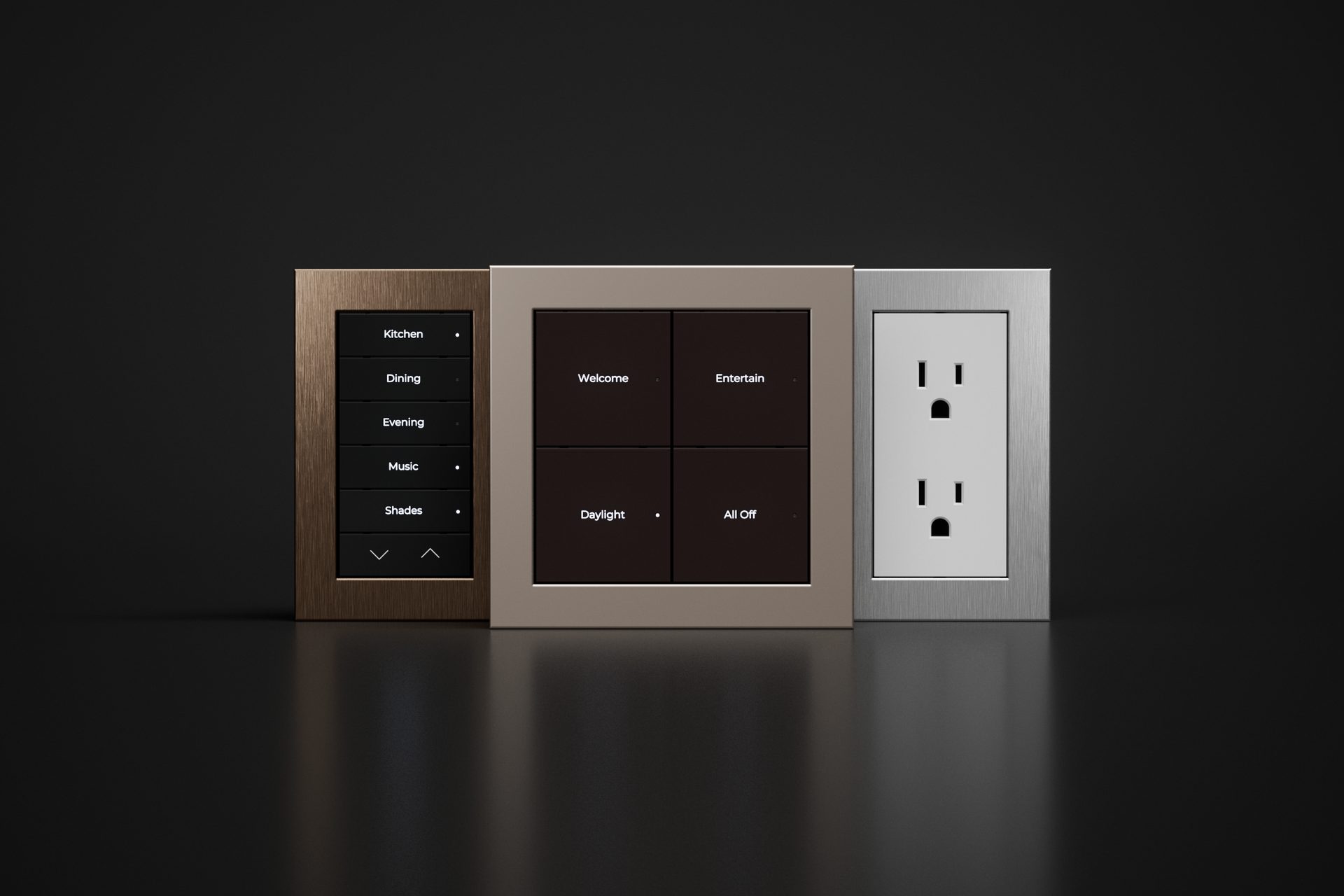 Control4 Lux trio — dimmer, keypad, switch in coffee black and white