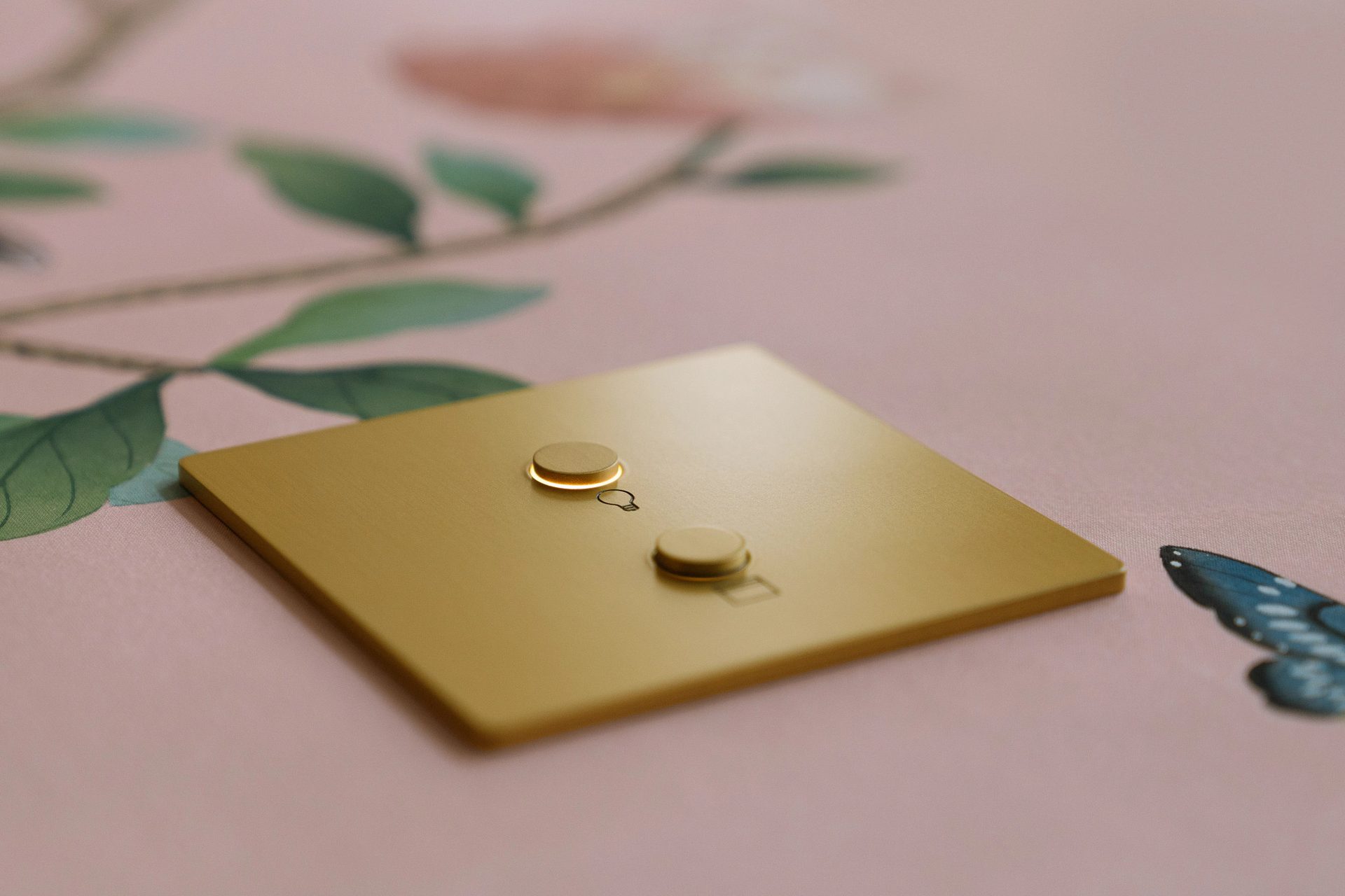 Lutron Alisse keypad with woven wallpaper — luxury lighting control by Wadden Electric