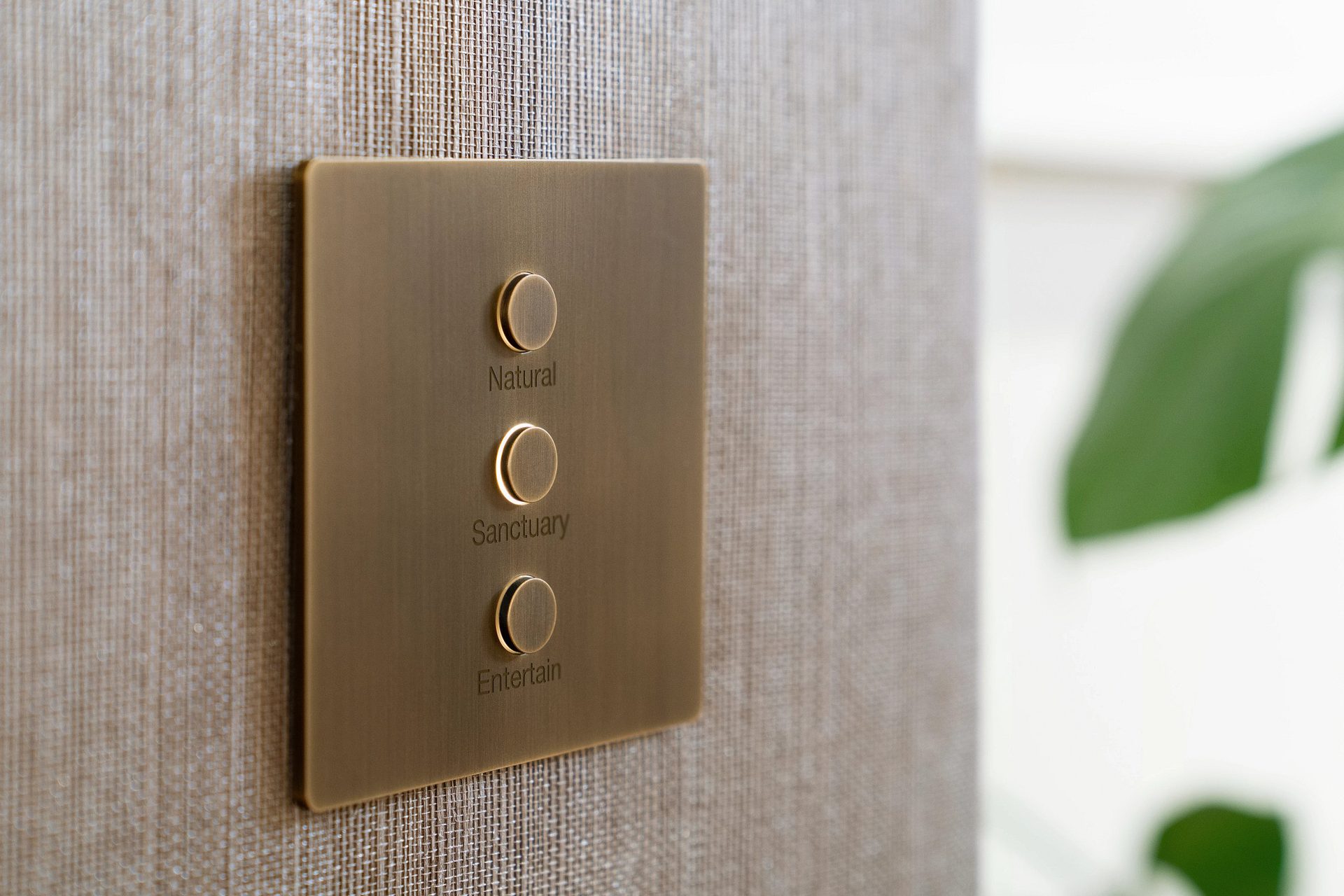 Lutron Alisse keypad with engraved buttons on woven wallpaper