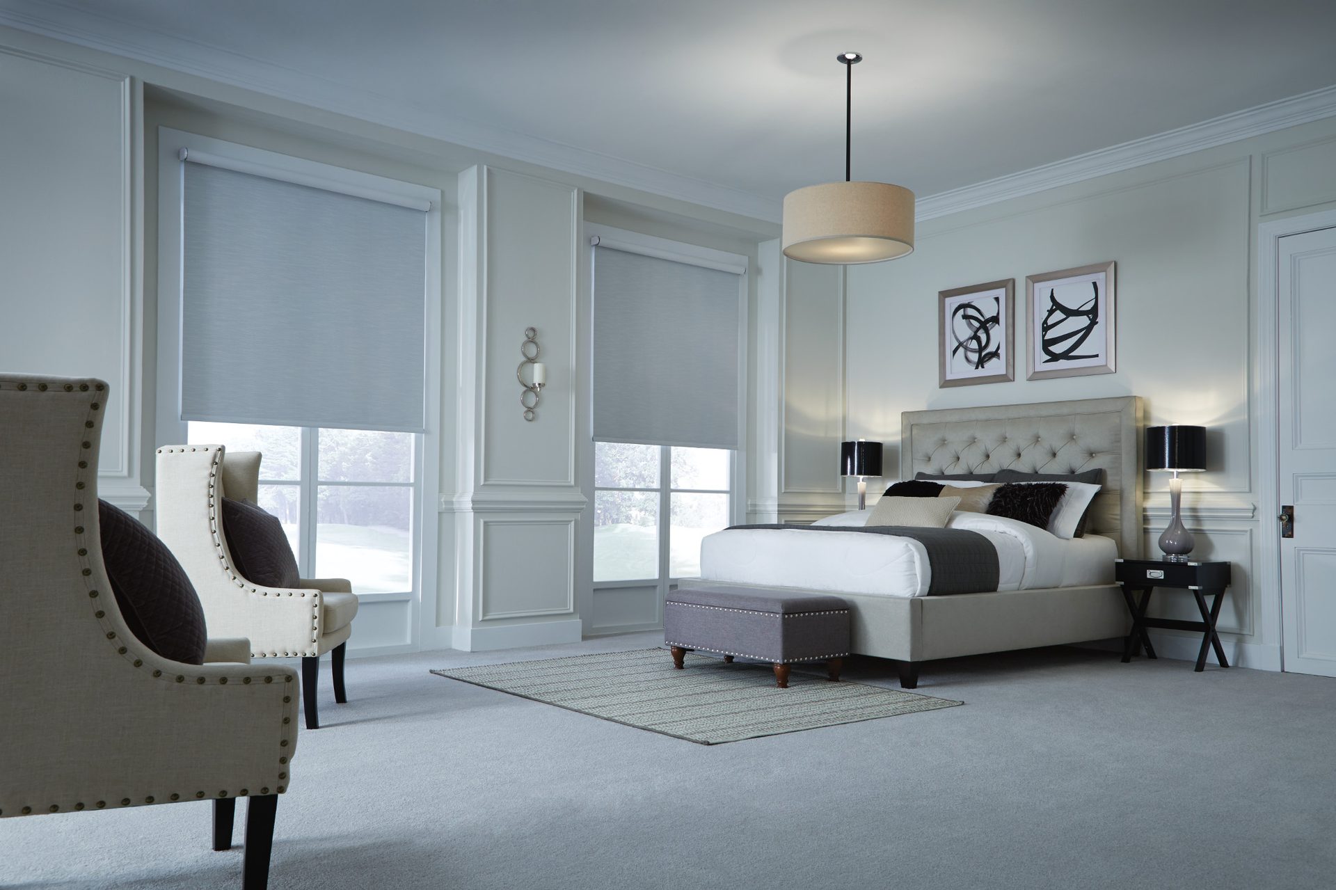 Lutron motorized bedroom shades — morning light filtering through automated rollers